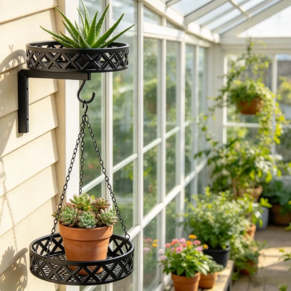 Black Iron Garden Wall Decor with Dual Tier Layout for Bird Feeding and Pot Holding Suitable for Balcony Patio Courtyard Use