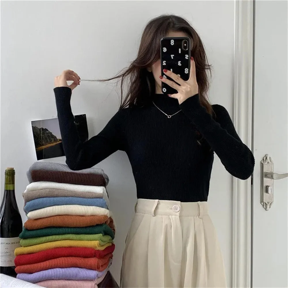 

Women Long Sleeved Autumn Winter Turtleneck Sweater Vintage Solid Basic Knitted Tops Casual Slim Pullover Simple Chic Jumpers