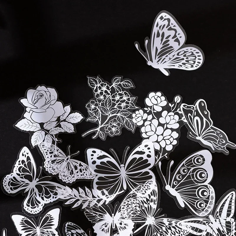 

30 шт. садовые наклейки, материал для учета, бумага, декоративные наклейки, белые прозрачные бабочки, скрапбукинг, скрапбукинг, 8*8 см