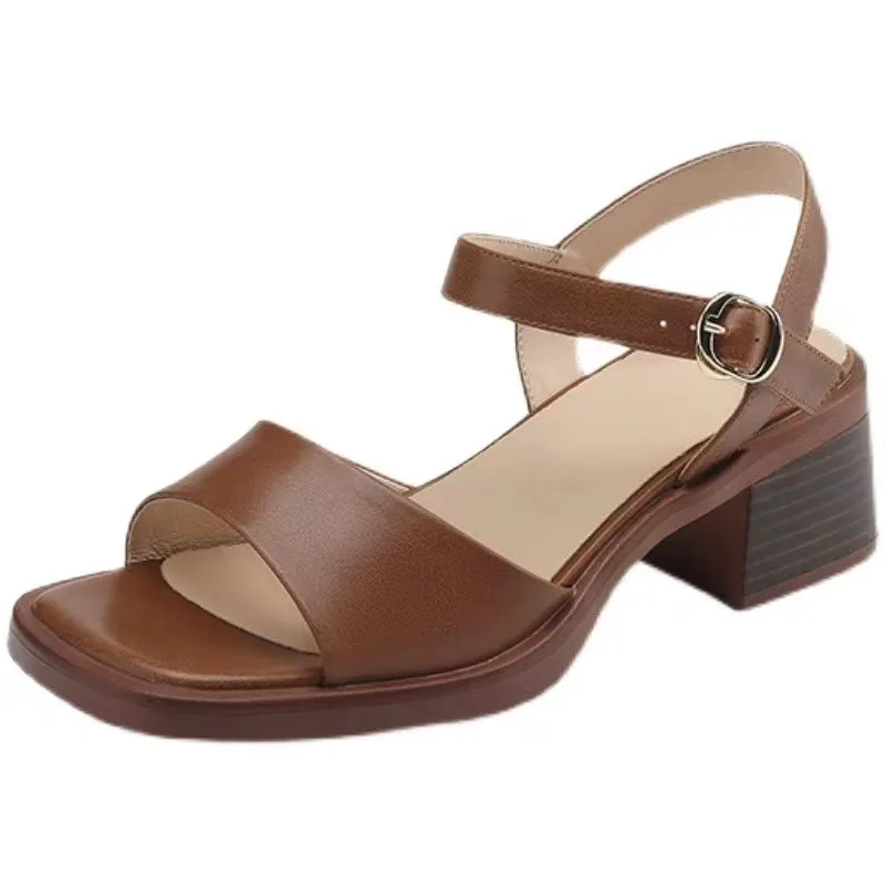 Women Brown Sandals Comfort Summer Hollow Open Toe Square Heel Shoes Fashion Buckle Strap Open Toe Women\'s High Heel Sandals