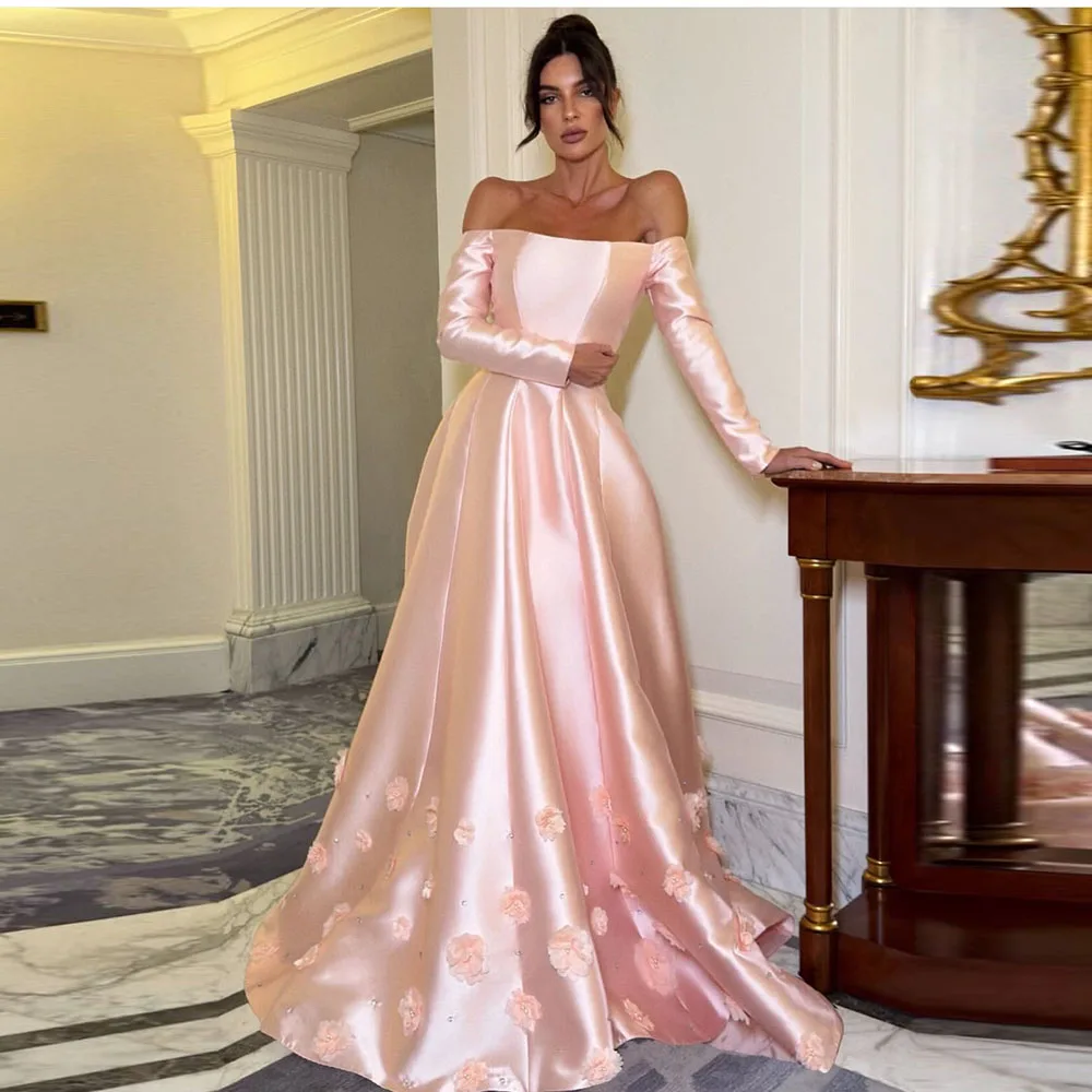 

Платье в Саудовской Аравии по индивидуальному заказу, трапециевидное платье с открытыми плечами, длиной до пола, вечерние платья с длинными рукавами и цветами