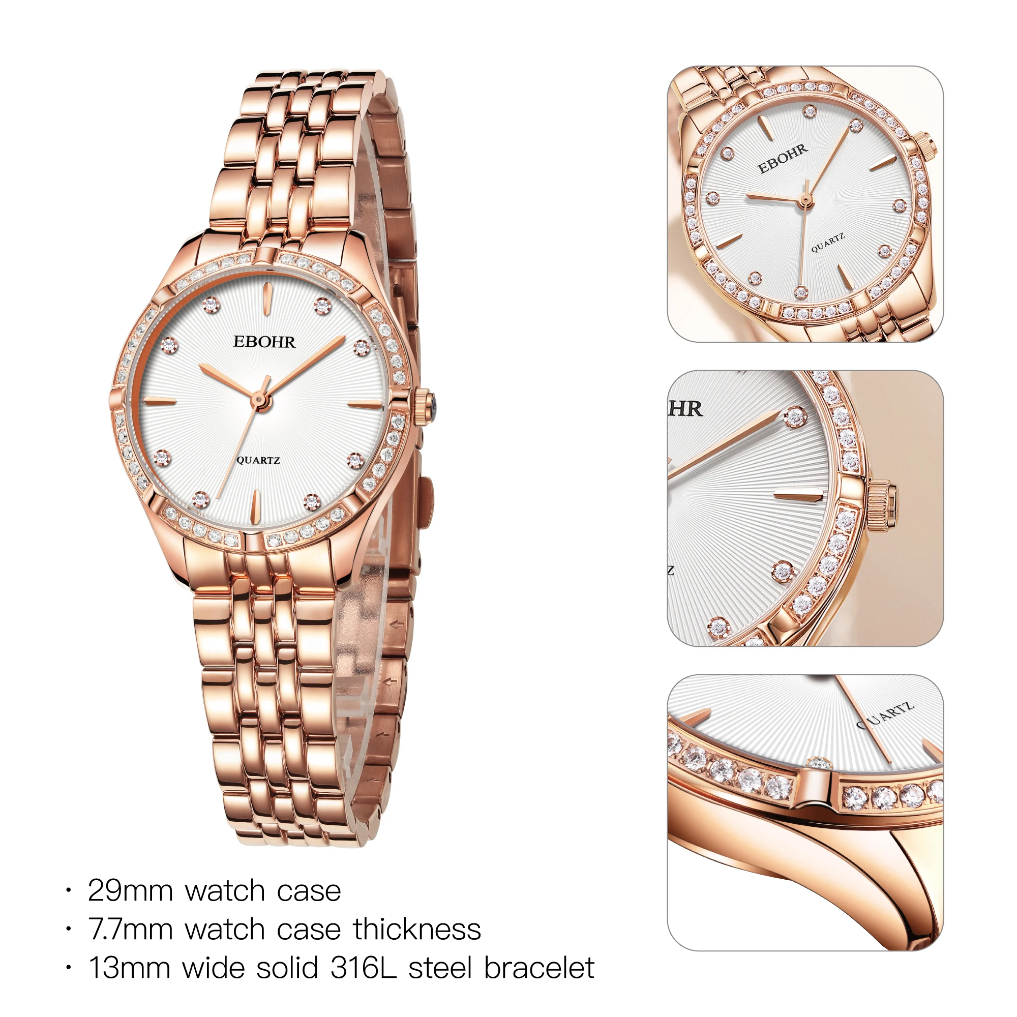 Fashion Women Luxury Diamond Bracelet Rose Gold Ladies Japan Quartz Watch waterproof Wristwatch EBOHR Shiny Crystal Reloj Mujer