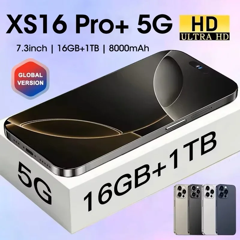 Original For Brand 16GB+1TB For Smartphone 7.3 inch XS16 Pro+ Full Screen 4G 5G Cell Phone 8000mAh Mobile Phones Global Version