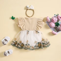 Newborn Baby Girl Romper Dress Ruffle Short Sleeve Floral Embroidery Mesh Tutu Princess Dress Summer Clothes