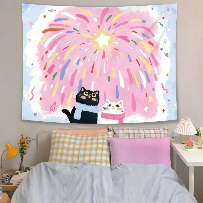 VIKAMA Cute Graffiti Small Animals Star Tapestry Anime Healing Atmosphere Wall Hanging Kawaii Style Bedroom Home Decoration