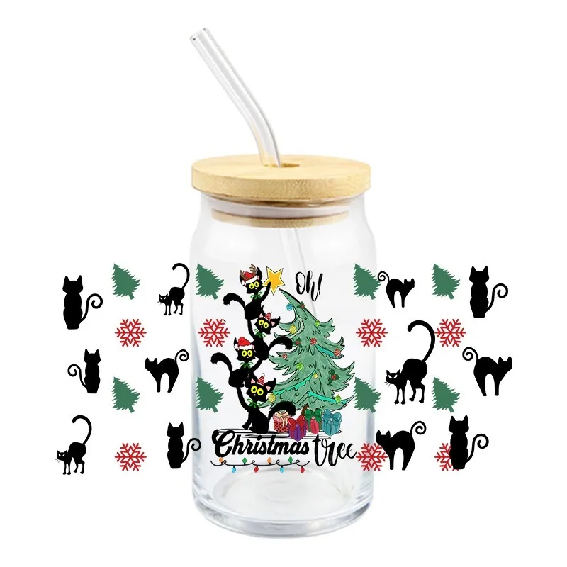 Christmas Cat UV DTF 3D Durable Wraps Cup Transfer Sticker 16 OZ Glass Cup Decals Animals