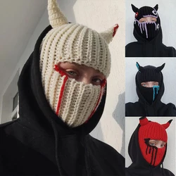 Winter Warm Full Face Mask Hat Devil Horn Adult  Windproof Knit Beanies Unisex Caps Sports Cycling Ski Party Accesorios