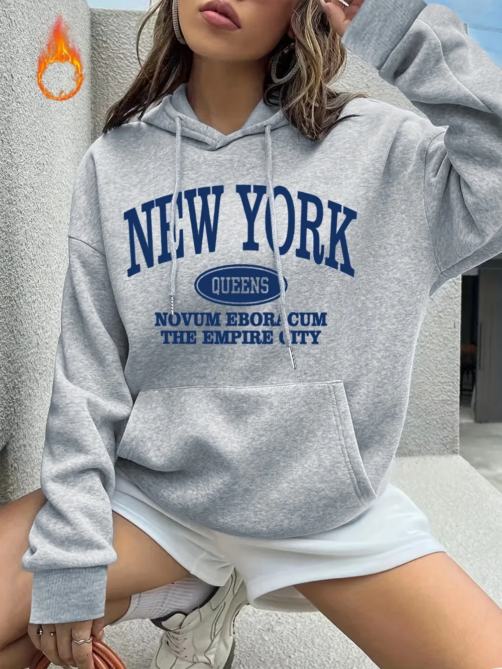 Womens New York Print Hoodie - Fashionable Solid Color with Adjustable Drawstring Hood & Roomy Kangaroo Pocket Sweatshirt