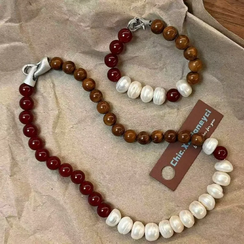 

Autumn Winter New Fashion Tiger Stone Red Agate Baroque Breeding Pearl Beads Handmade Beaded Versatile Necklace Bracelet Women