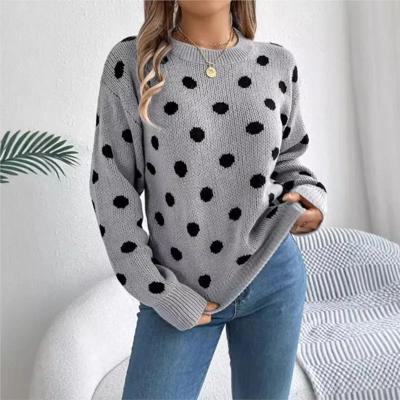 Women's Fashion Knitted Sweater 2024 Autumn/Winter New  Color Blocked Polka Dot Long Sleeve Hoodie Loose Casual Women's Sweater