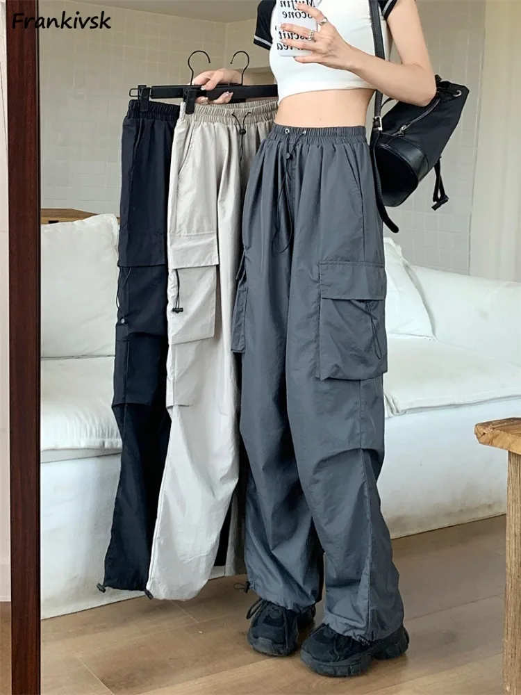 

Cargo Pants Women Solid Summer Folds Elastic Waist Daily Chic Simple Pocket High Street Leisure Korean Style Trendy All-match