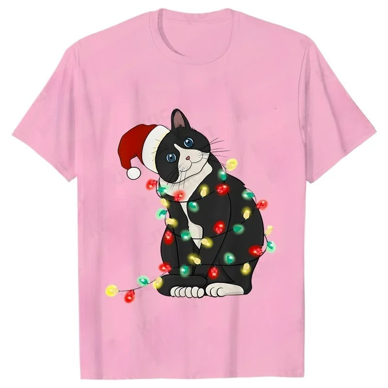 2026 الموضة العصرية تي شيرت قصير الأكمام تيز للنساء مضحك أضواء عيد الميلاد القط تي شيرت الإناث الكورية ملابس الشارع الشهير غير رسمية