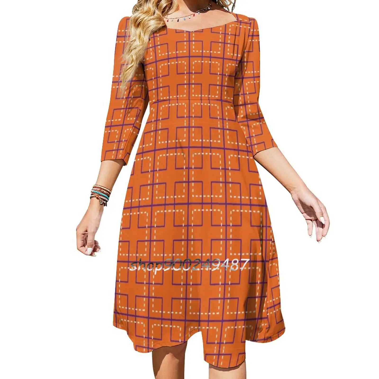 South Carolina-Argyle Square Flare Dress Square Neck Dress Elegant Female Fashion Printed Dress Clemson Tigers Orange Purple