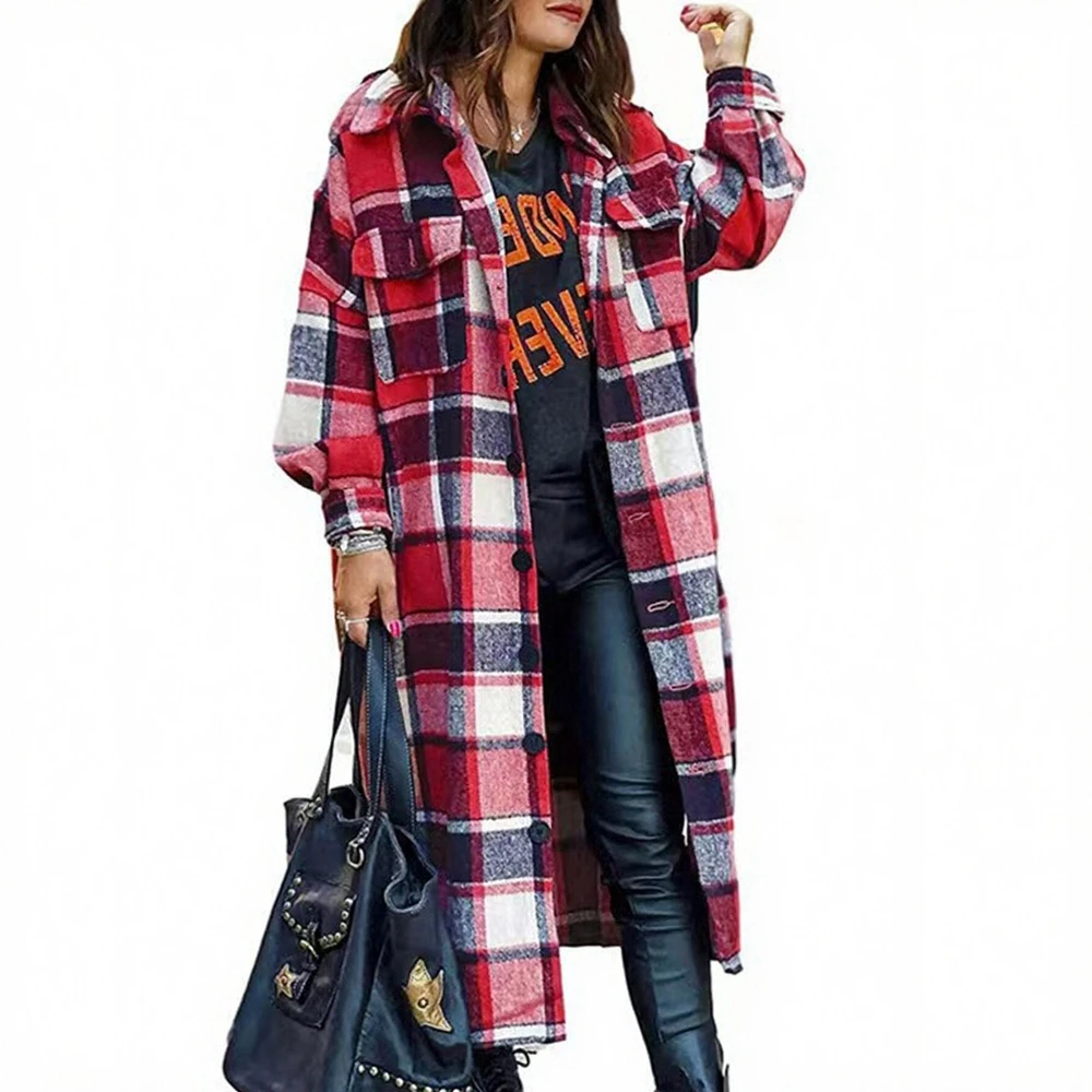 

Women's Plaid Long Coat Autumn Winter Decent Lapel Button through Daily Outerwear with Pockets Long Sleeve