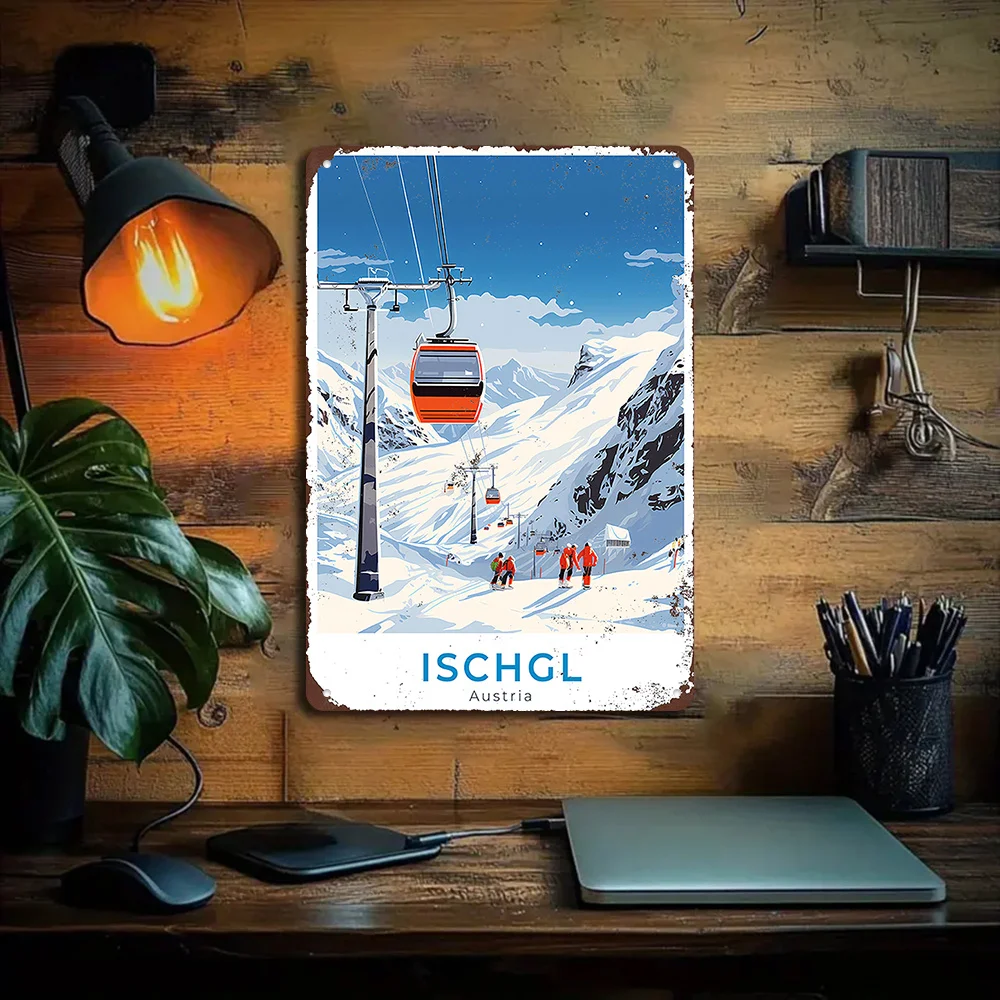 [2D Flat] 1pc Vintage Ski Lift Metal Tin Sign - Snow-Covered Alps with ISCHGL Austria Text - Red Gear Skiers - Pre-Drilled Holes