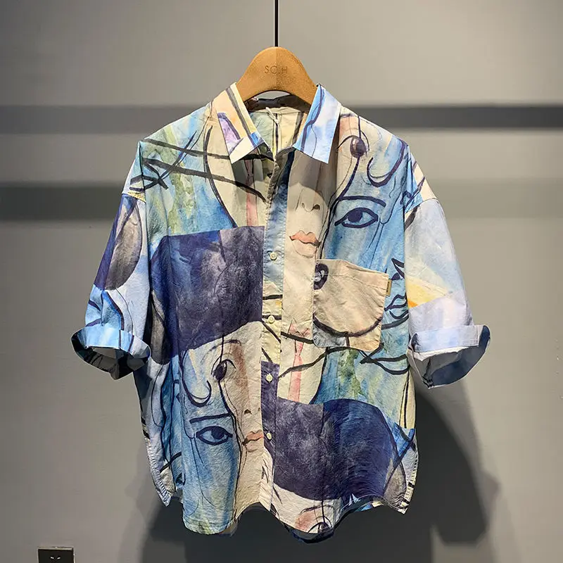 

Vintage Printed Lapel Spliced Pockets Tie Dye Shirts Men's Clothing 2023 Summer New Oversized Casual Tops Loose Korean Shirt