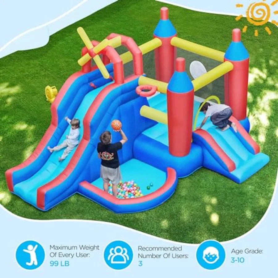 Inflatable Bounce House, 7-in-1 Bouncy Castle Combo w/Ball Pit & Bouncing Area & Slides & Basketball Game & Dart Game, Jump Hous