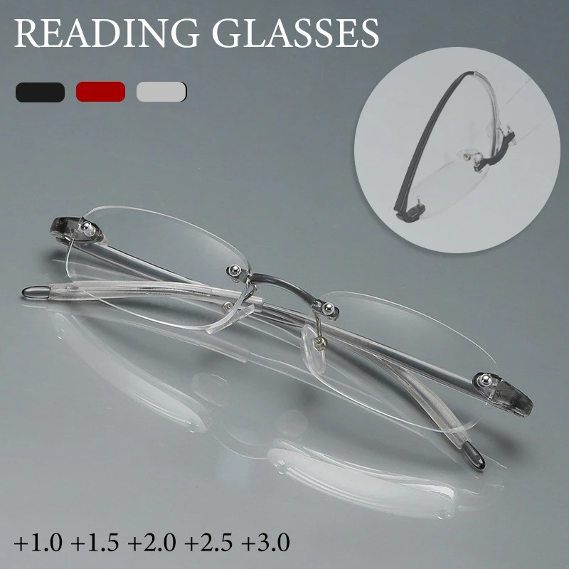 Rahmenlose Lesebrille +1,0~+4,0 - HD-PC-Gläser mit Silikonüberzug, Anti-Ermüdungs-Brille gegen Weitsichtigkeit, Modisches Randloses Design für Männer und Frauen
