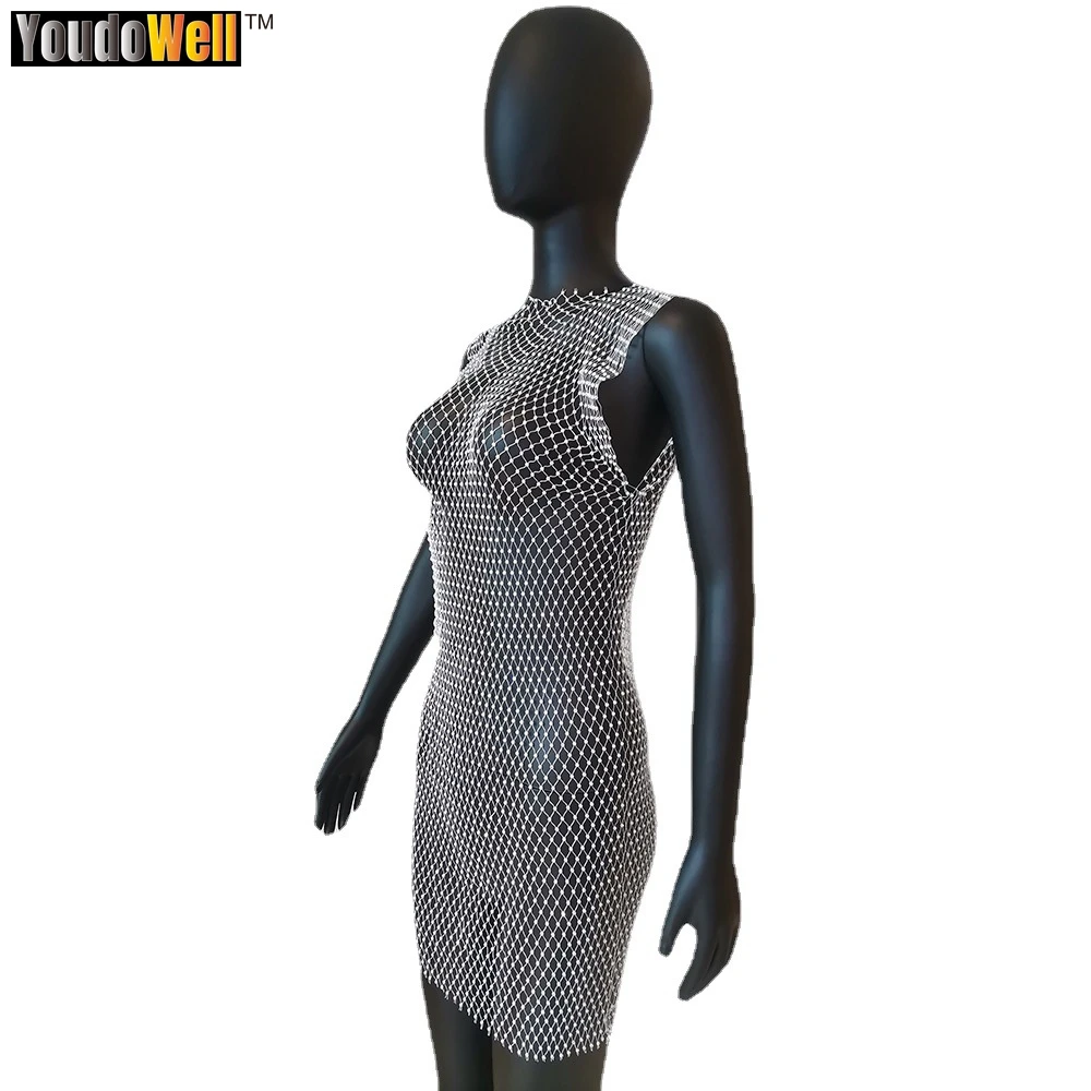 Spice Girls Custom Diamond Fishnet Mesh Cut Elastic Rhinestone Dress Beach Short Sleeve Hollow Out