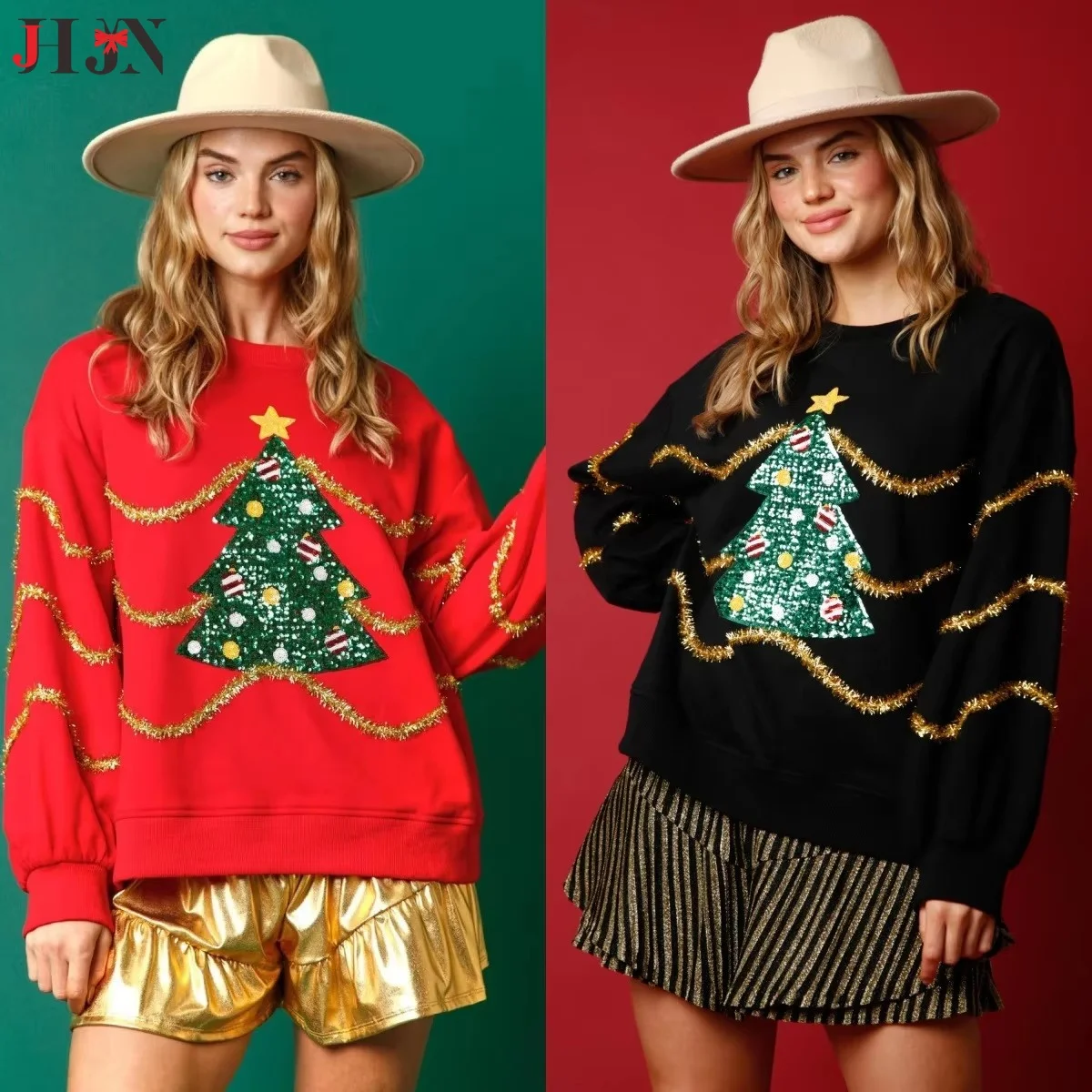 2024 Autumn New style Women\'s Christmas Christmas tree Sequins Stripes Long Sleeve Casual Sweatshirt