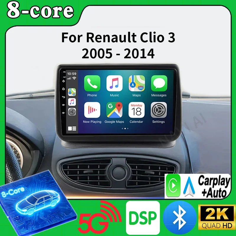 CarPlay Car Radio Multimedia Player For Renault Clio 3 2005 2006 2007 2008 2009 2010-2014 Android Auto GPS 2din autoradio DVD BT