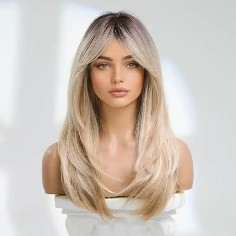 

Women's European and American style wigs, available in multiple colors, with wavy bangs, textured long straight hair, full