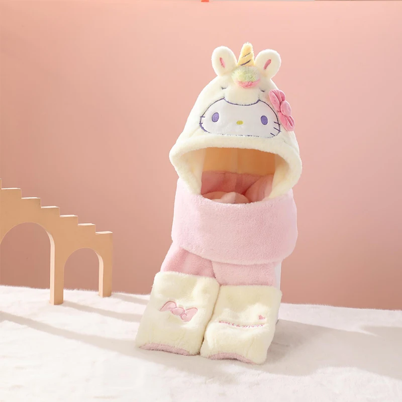 Miniso hello kitty Winter Children Hat Scarf Gloves Three-piece Kid Cap 3 in1 Girl Headcap Neck Cover Pupil Neckwarmer Warm Gift