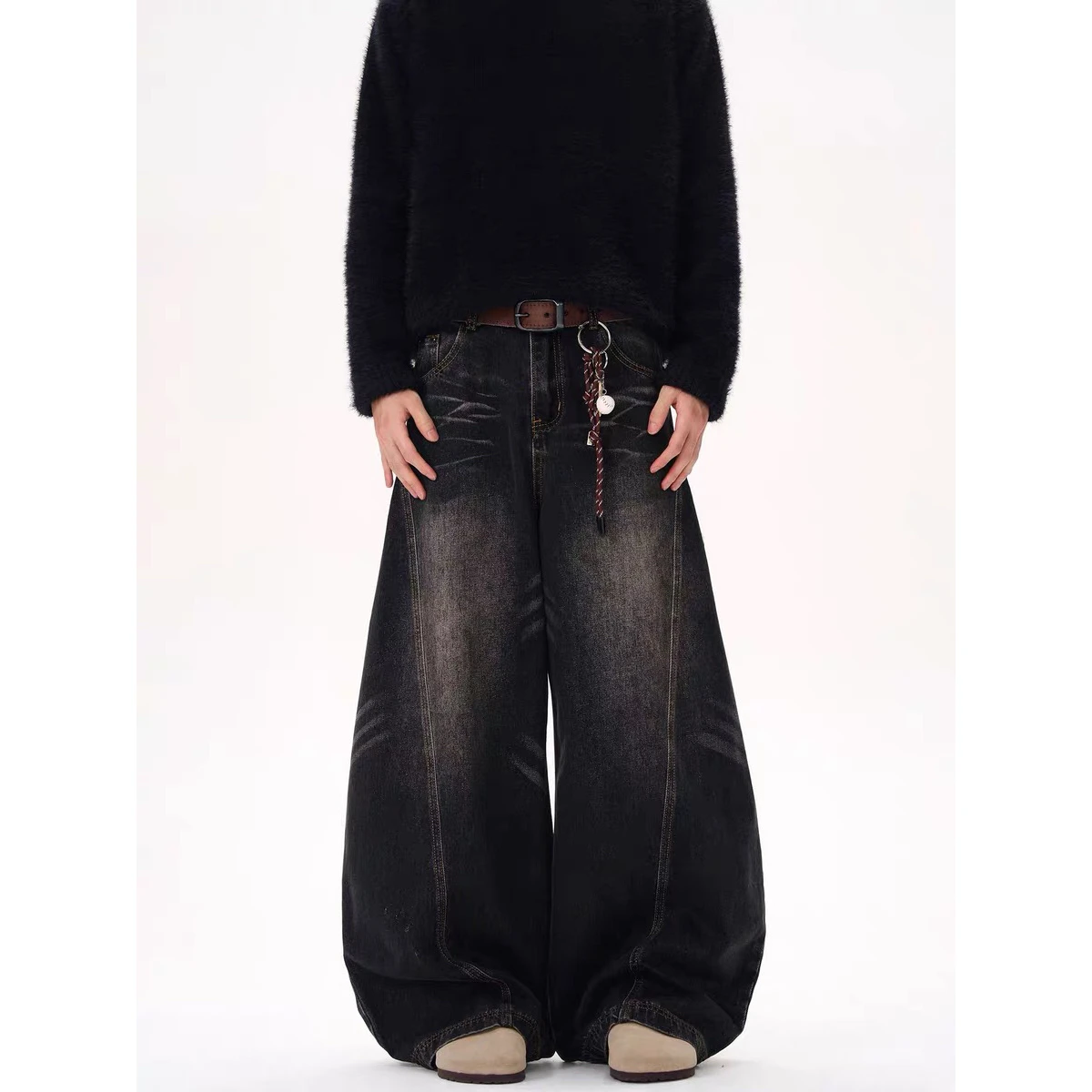 

Retro American Washed Color Block Large Size Jeans Loose Wide Leg Casual Street Long Pants Men's Trendy Brand Jeans Cotton Po...