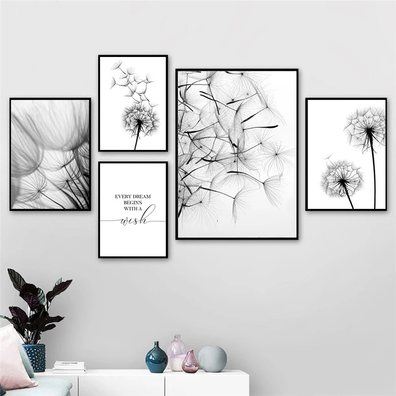 

Modern Dandelion Wall Art Canvas Painting Black White Wish Quote Poster Artwork Print Picture for Interior Living Room Decor