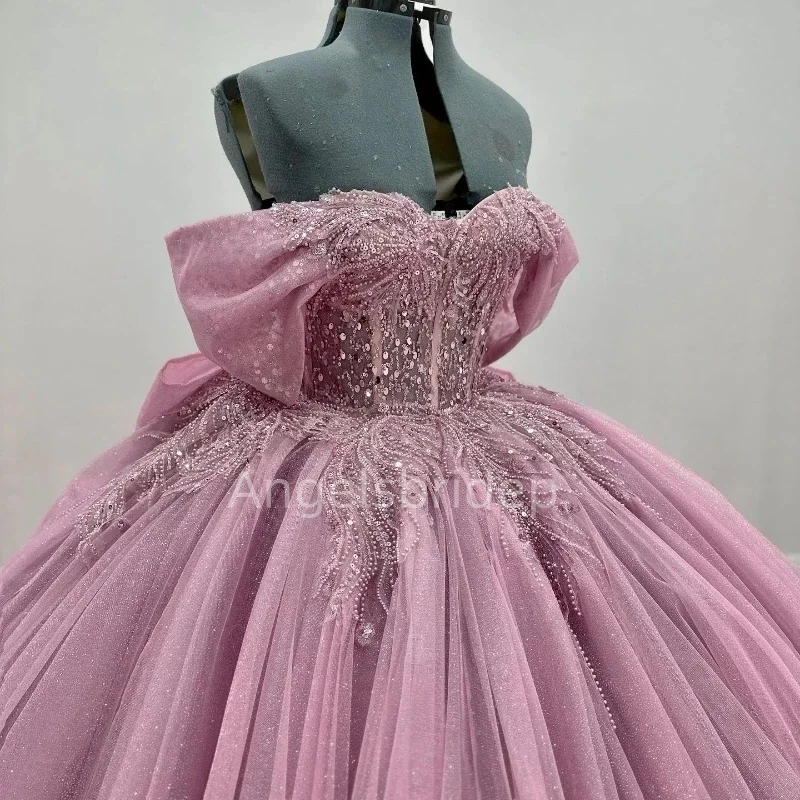 Angelsbridep Glitter Kralen Prinses Roze Ruches Trein Baljurk Quinceanera Jurk Feestjurken Vestidos 15 Años Quinceañera