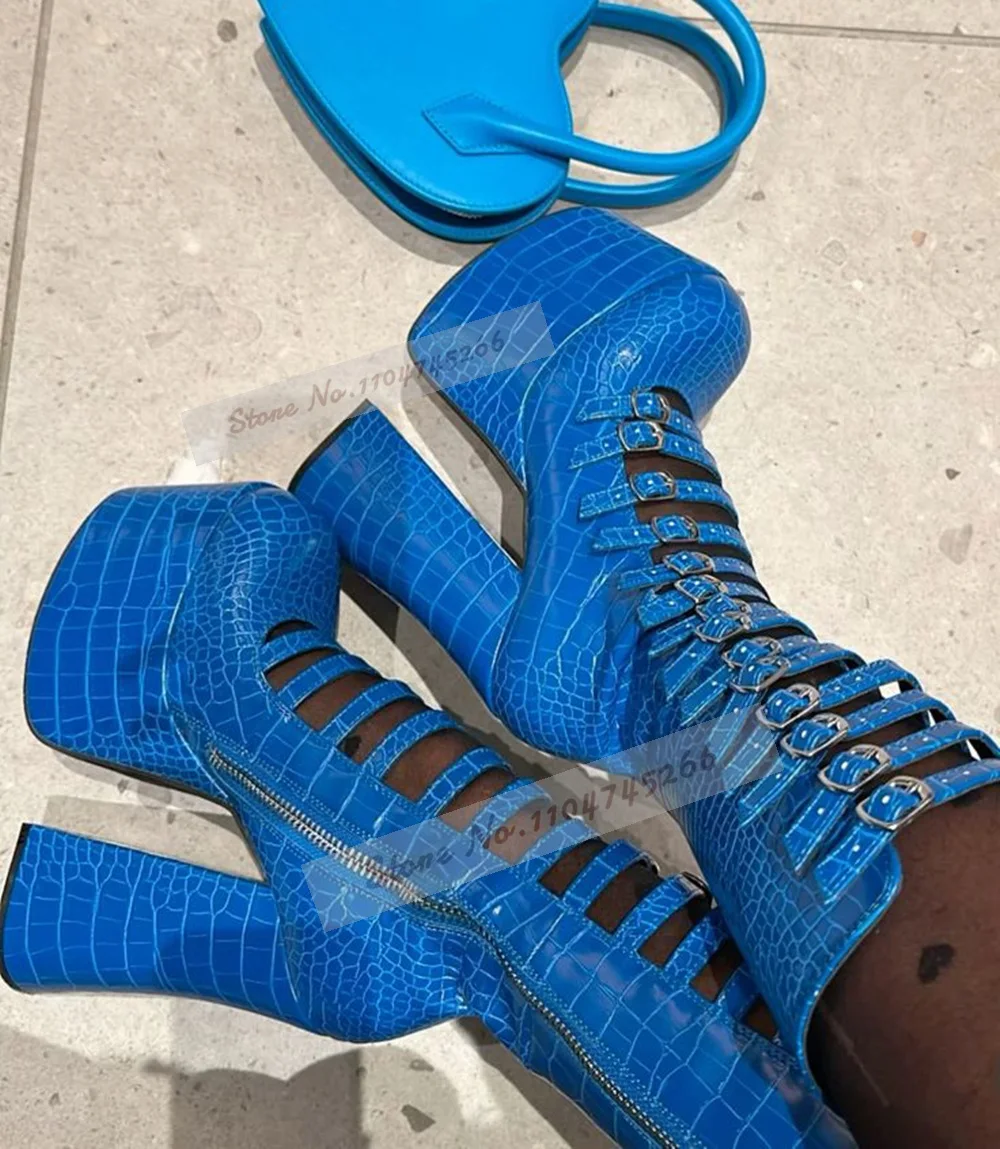 

Royal Blue Crocodile Strange Chunky Heel Mid-Calf Boots Sky High Platform Snakeskin Middle Boots Buckle Strap Hollow Out Sandals