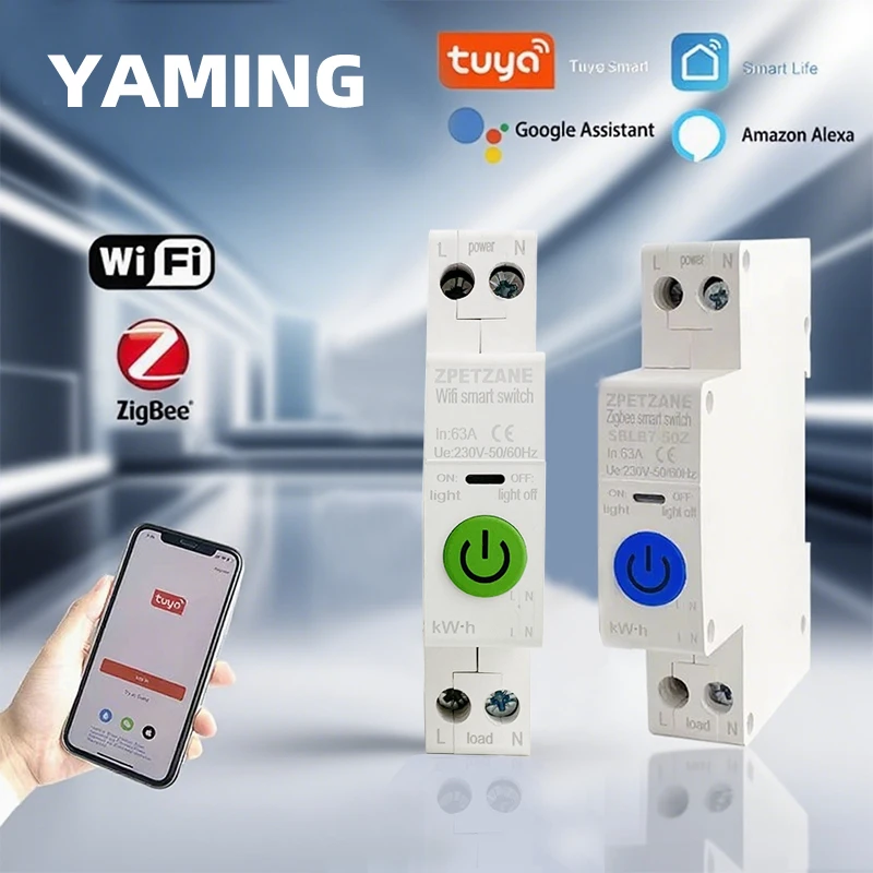 

TUYA ZigBee Wifi Circuit Breaker With Metering For Smart Home 1P 1-63A DIN Rail Wireless Remote Control Switch APP Control