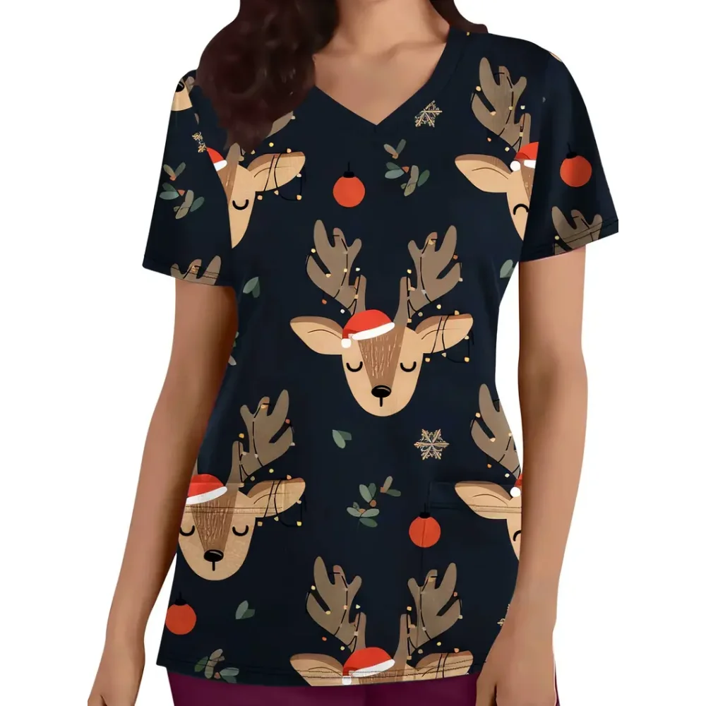 Nurse Uniform Woman Christmas Collection Prints V-Neck Short Sleeve Tops Microelastic Vet Nurse Dental Women's Medical Uniform