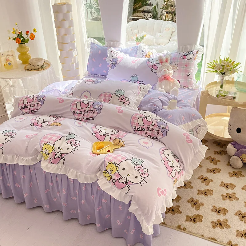 

Sanrio Hello Kitty Kawaii Anime Cartoon Pure Cotton Bed Set Four Piece Princess Style Cute Sheet Quilt Set Three Piece Gift Toys