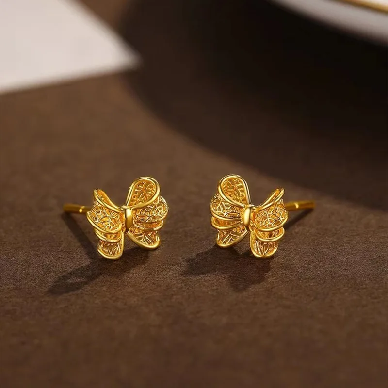 9999 24K Real Gold Summer Hot Item Fairy Bow Necklace Hollowed Out Bow Earrings Ring Fairy Three Piece Gift Set for Women Mom