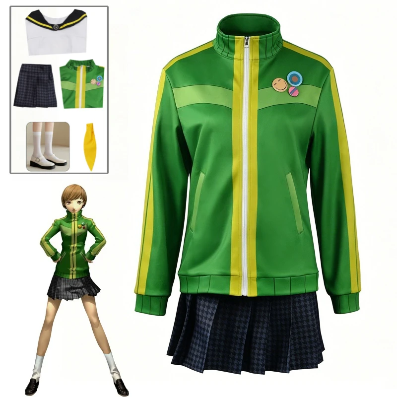 Persona 4 Chie Satonaka Cosplay Costume School Uniform Green Jacket Pleated Skirt Ribbon For Women Halloween