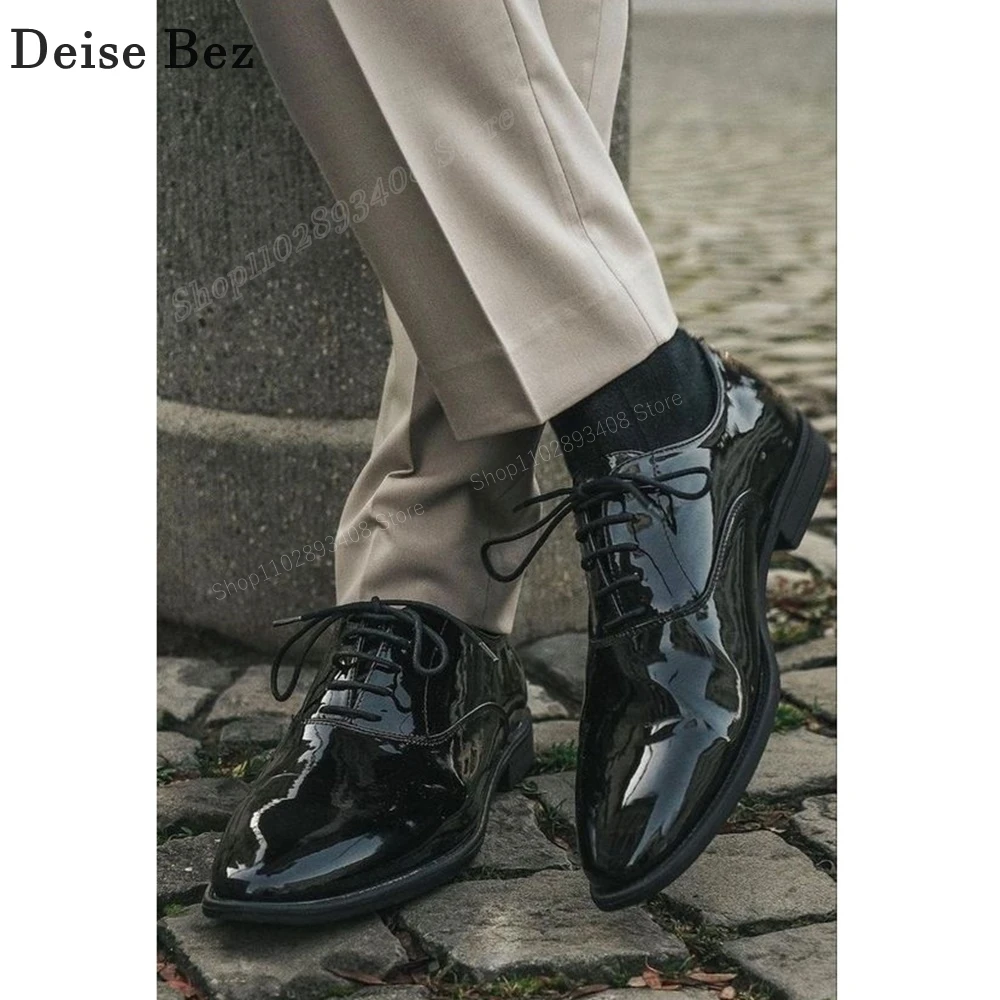 

Black Business Men Dress Shoes Cross Tied Pointed Toe Patent Leather High Quality Lace-up Flat Men Shoes 2023 Zapatillas Mujers