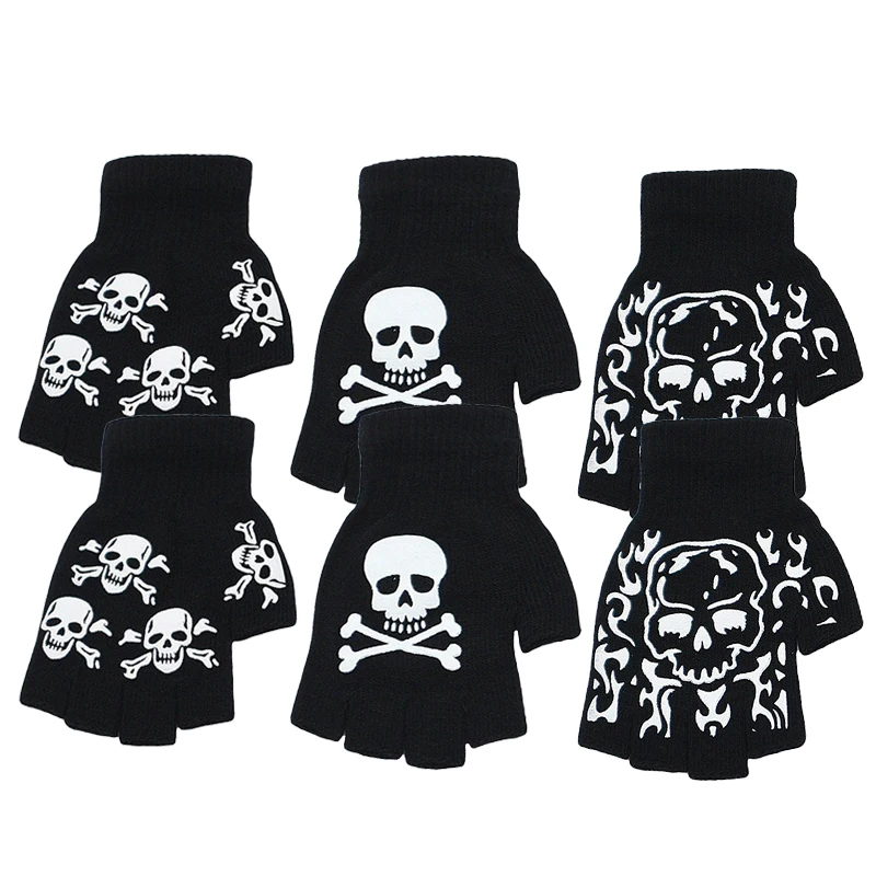 ถุงมือพิมพ์ลายกะโหลกสีขาว ถุงมือถักแบบห้านิ้วสำหรับผู้ชายและผู้หญิง สวมใส่สบายในชีวิตประจำวัน สไตล์สตรีทสำหรับฤดูใบไม้ร่วงและฤดูหนาว