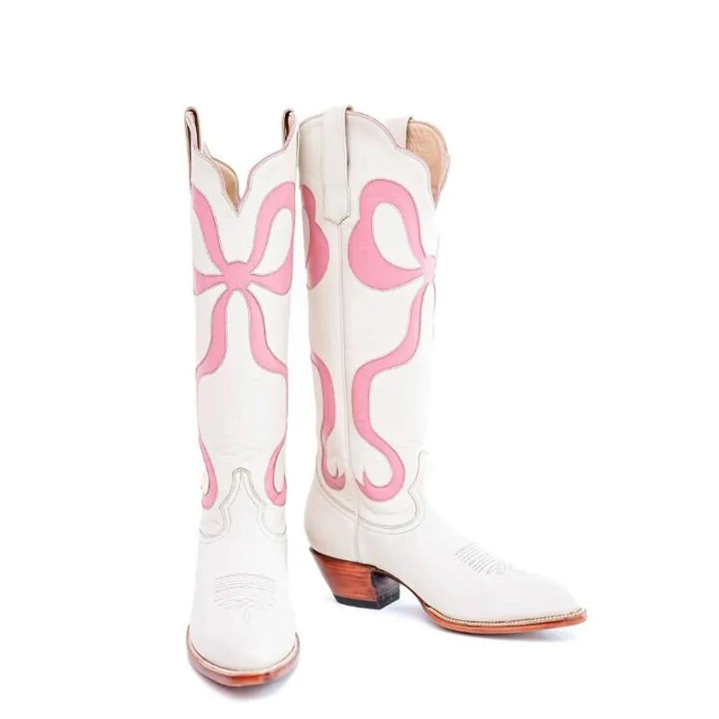 2024 New Bowknot Embroidered Western Cowboy Boots Pointed Toe Chunky Heel Mixed Color Thigh High Versatile Retro Fashion Boots