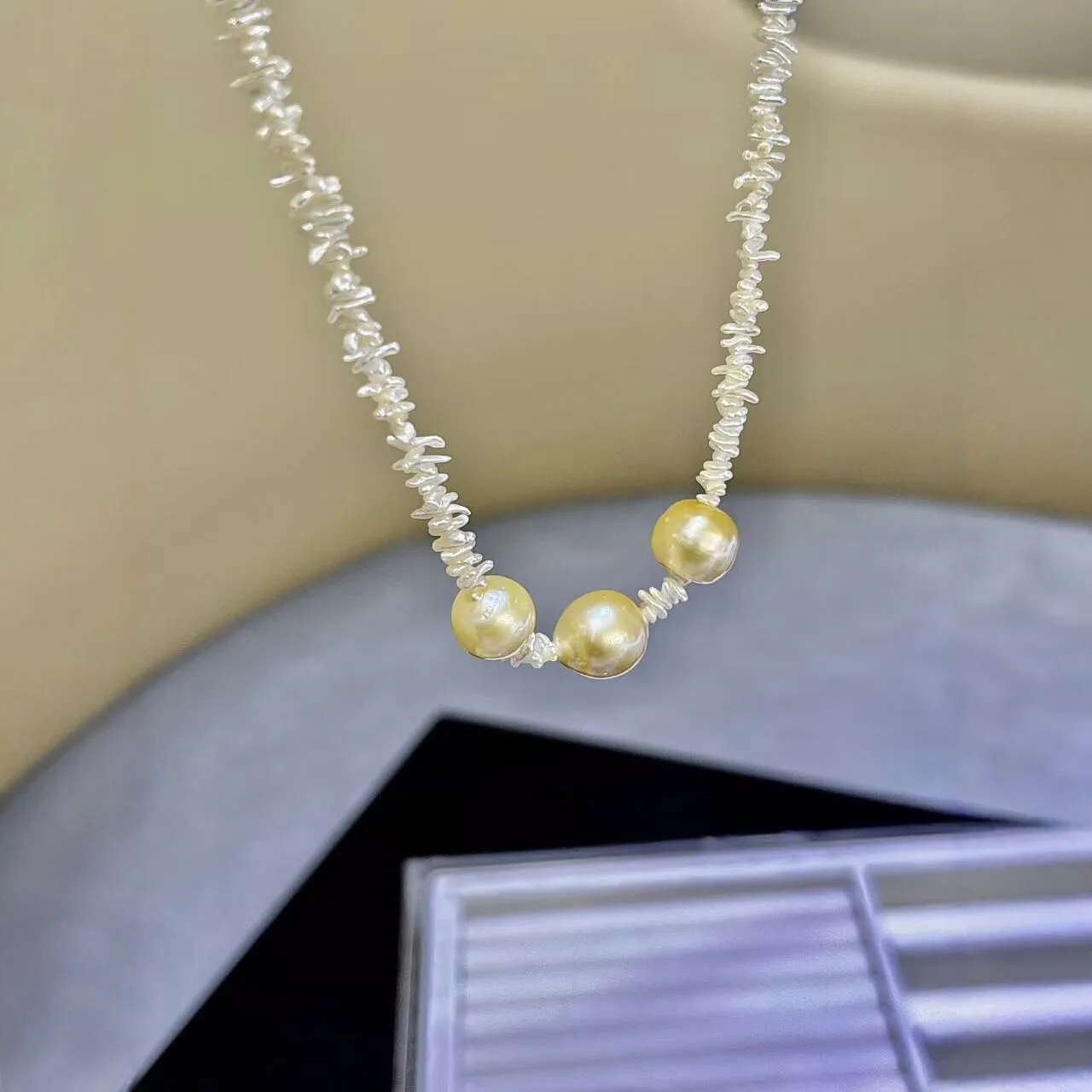 3mm，9mm Natural Seawater Baroque Pearl Necklace, S925 Silver Clasp Irregular Chip Pearls Match Large Round Golden Pearls