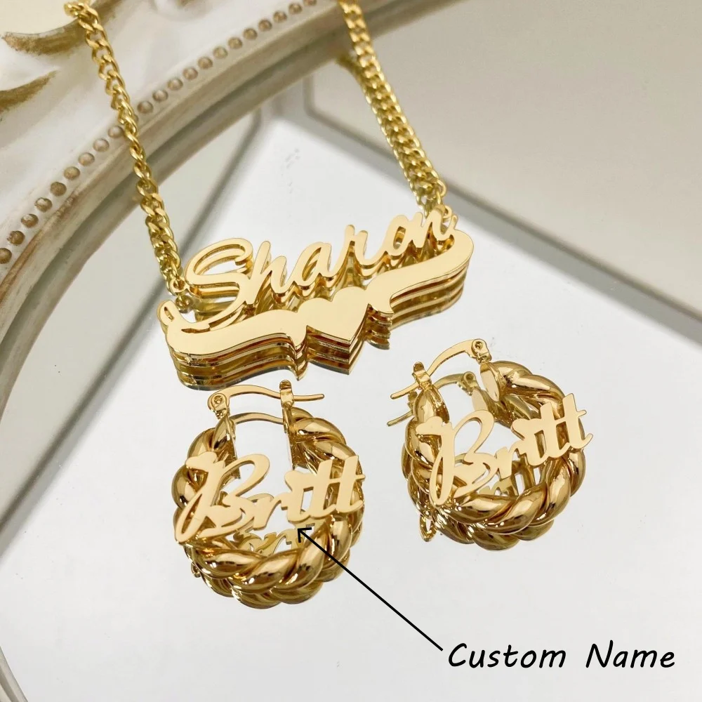 

Ожерелье с именем, персонализированное 18-каратное позолоченное ожерелье с индивидуальным именем, комплект серег, подвеска с именной табличкой, ювелирные изделия, подарки для женщин и девочек