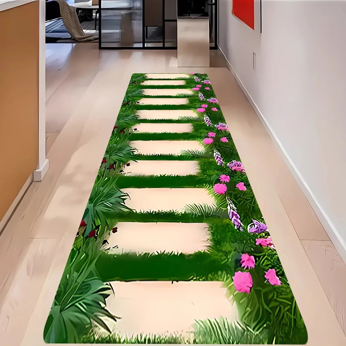 Runner Rug Green Plant Stone Step Pattern Non Slip Print Floor Runner for Hallway Entryway Bedroom