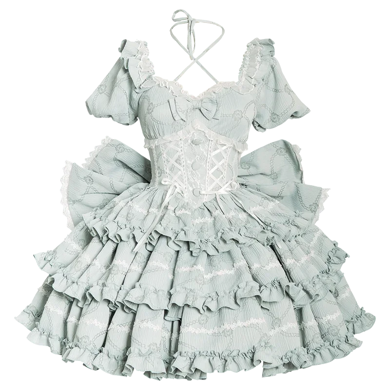 French Romantic Style Lolita Op Elegant Girl Cosplay Princess Puff Sleeve Ribbon Bowknot Flower Tunic Mesh Fantastic Fairy Dress