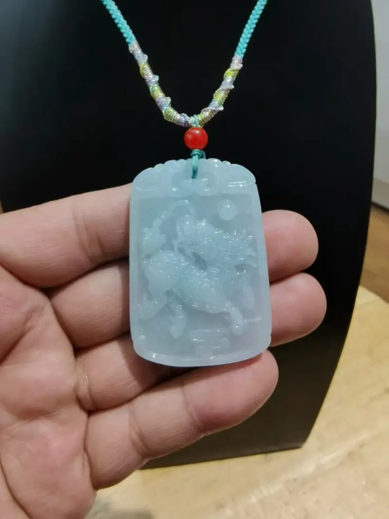 Superb Myanmar Emerald Pendant Lucky Beast Kirin Nature Jade Gemstone Amulet ​Hanging