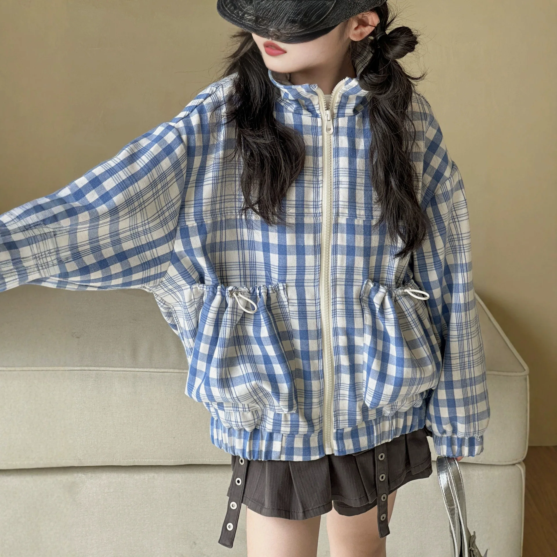Girls Plaid Coat Autumn Outfit Korean Childrens Clothing Stand Collar Blue Childrens Top Parent Child Outfit