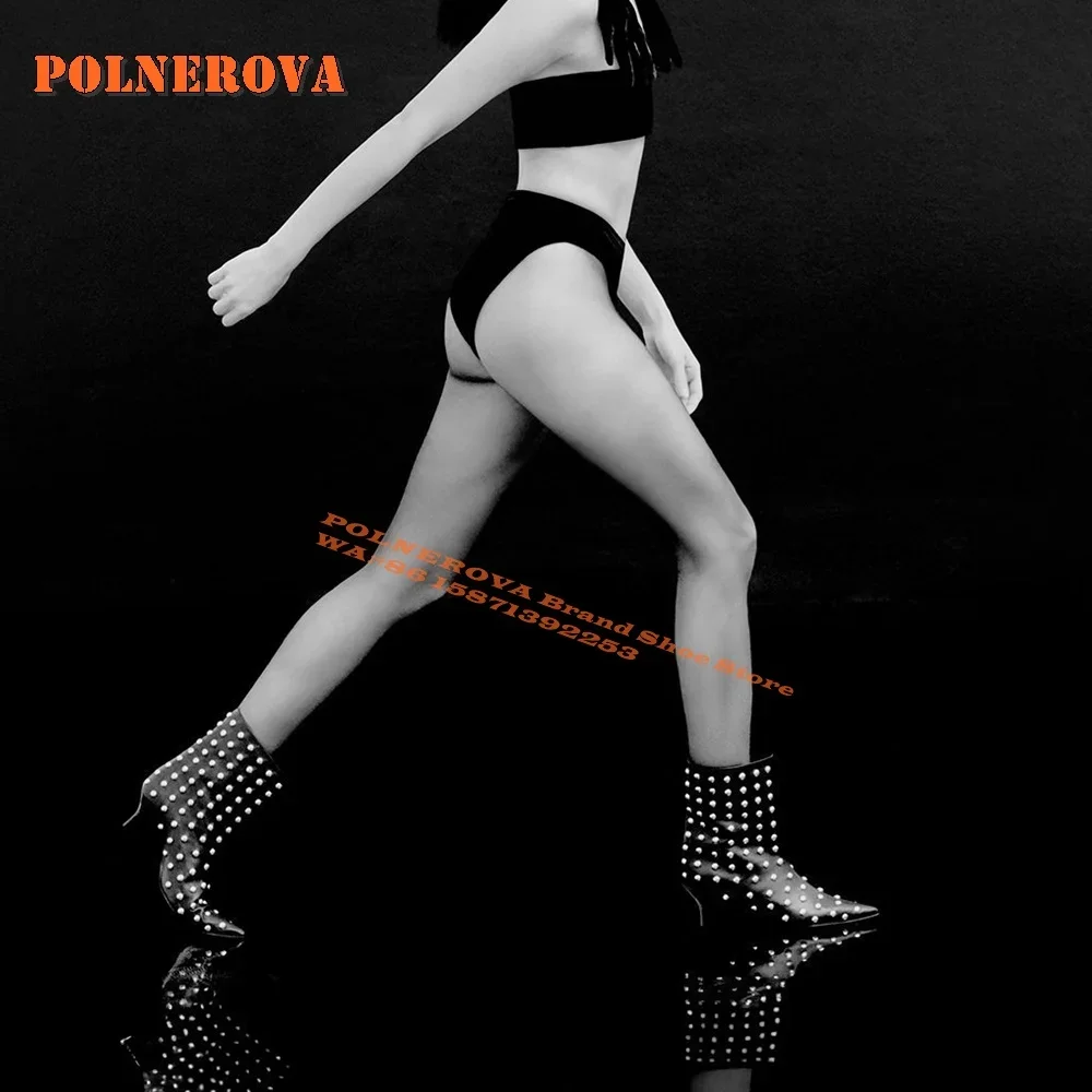 

Metal Rivet Decoration Brown Ankle Boots Pointed Toe Mid Heel Pull On Patchwork Elegant Luxury Shoes Large Size Retro Shoes 2024