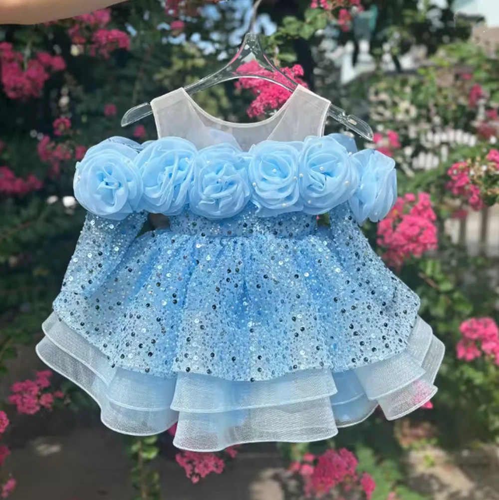 Vestido de lujo de flores para niña, vestido de encaje de manga larga de princesa para niños pequeños, boda, 1er cumpleaños, desfile, fiesta, baile