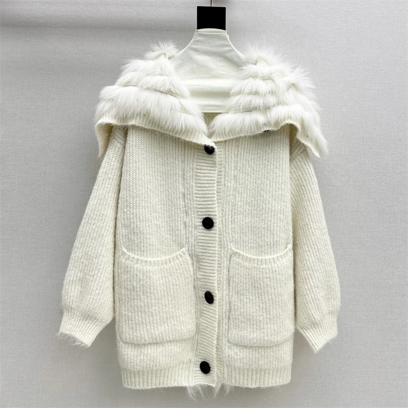 

Cardigan for women 2025 winter new elastic knitted lapel long sleeved top fox fur collar spliced women's sweater y2k long coat