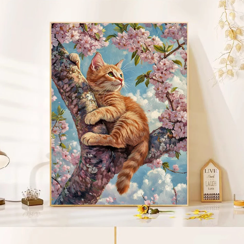 GATYZTORY Painting By Numbers Cat Animal Kits DIY Frame Drawing By Number Cherry Blossom Tree