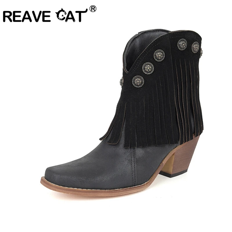 Reave Cat Women Enkellaarsjes Kwastjes 7Cm Hak Slip On Westen Cowboylaarzen Zwart Big Size 41 42 43 44 45 46 Us15 Us14 Us13